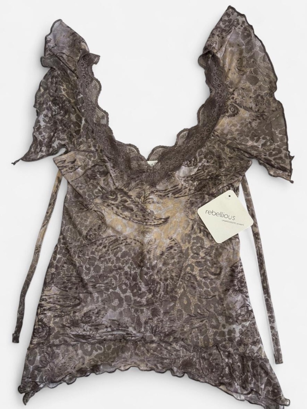 Rebellious Grey Brown Animal Leopard Print Lace Tie-Back Top Y2K - Size S - NWT